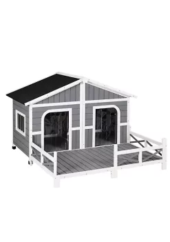 Hot Sale 💯 PawHut 59"x64"x39" Wood Large 🐕 Dog House Cabin Style Elevated Pet Shelter w/Porch Deck Grey ✨