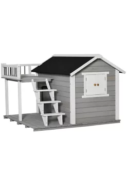 Budget 🧨 PawHut Wooden Outdoor 🐕 Dog House 2 Tier Raised Pet Shelter with Stairs Weather Resistant Roof and Balcony for Medium Large Sized 🐕 Dogs Up To 55 lbs ❤️
