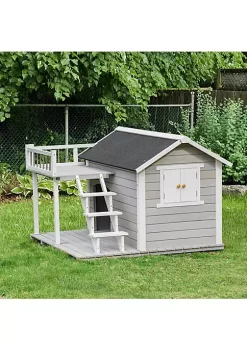 Budget 🧨 PawHut Wooden Outdoor 🐕 Dog House 2 Tier Raised Pet Shelter with Stairs Weather Resistant Roof and Balcony for Medium Large Sized 🐕 Dogs Up To 55 lbs ❤️ -Cheap PawHut Store Belk 1053