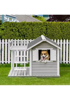 Budget 🧨 PawHut Wooden Outdoor 🐕 Dog House 2 Tier Raised Pet Shelter with Stairs Weather Resistant Roof and Balcony for Medium Large Sized 🐕 Dogs Up To 55 lbs ❤️ -Cheap PawHut Store Belk 1054