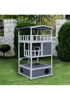 Hot Sale 😀 PawHut Feral Cat House Outdoor Kitten Condo Shelter with Raised Floor Asphalt Roof Escape Door Jumping Platform Grey ✔️ -Cheap PawHut Store Belk 1123