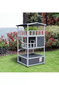 Hot Sale 😀 PawHut Feral Cat House Outdoor Kitten Condo Shelter with Raised Floor Asphalt Roof Escape Door Jumping Platform Grey ✔️ -Cheap PawHut Store Belk 1124