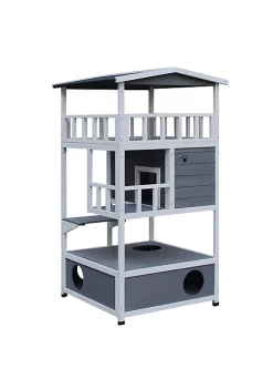 Hot Sale 😀 PawHut Feral Cat House Outdoor Kitten Condo Shelter with Raised Floor Asphalt Roof Escape Door Jumping Platform Grey ✔️ -Cheap PawHut Store Belk 1125