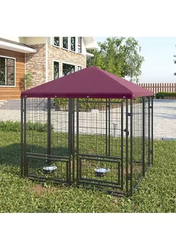 Buy 🎁 PawHut 4.6' x 4.6' x 5' Indoor/Outdoor Metal 🐶 Dog Kennel 🐶 Dog House with Lock Weather Resistant Canopy and 2 Bowl Holders and Bowls Black / Red 🌟 -Cheap PawHut Store Belk 113
