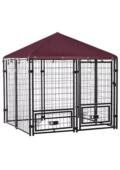 Buy 🎁 PawHut 4.6' x 4.6' x 5' Indoor/Outdoor Metal 🐶 Dog Kennel 🐶 Dog House with Lock Weather Resistant Canopy and 2 Bowl Holders and Bowls Black / Red 🌟 -Cheap PawHut Store Belk 114
