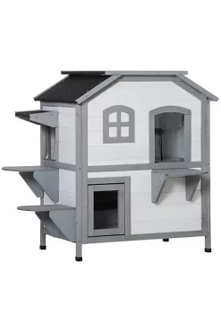 New 🎁 PawHut Fir Wood 2 Story Outdoor Cat House Wooden Feral Cat Shelter with Openable Asphalt Roof for Indoor/Outdoor White 💯