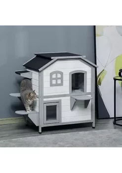 New 🎁 PawHut Fir Wood 2 Story Outdoor Cat House Wooden Feral Cat Shelter with Openable Asphalt Roof for Indoor/Outdoor White 💯 -Cheap PawHut Store Belk 1194