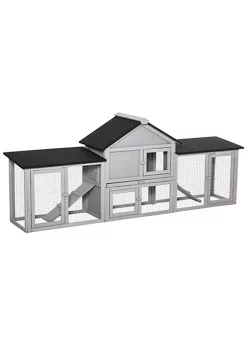 Deals 🥰 PawHut 83 " Wooden Rabbit Hutch Large Bunny House Chicken Coop with Double Running Boxes Removable Tray and Waterproof Roof Grey 🎉