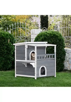 Promo 🥰 PawHut 2 Story Weatherproof Wood Cat House with Bacony Cat Shelter Condo Enclosure for Indoor and Outdoor Use Kitty House with Escape Door Grey 🔔 -Cheap PawHut Store Belk 1259