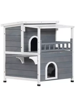 Promo 🥰 PawHut 2 Story Weatherproof Wood Cat House with Bacony Cat Shelter Condo Enclosure for Indoor and Outdoor Use Kitty House with Escape Door Grey 🔔 -Cheap PawHut Store Belk 1260