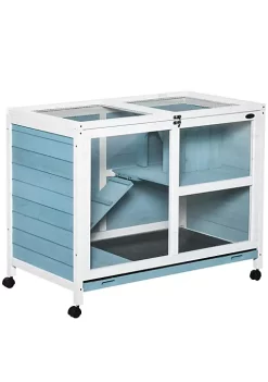 Hot Sale 🔥 PawHut 2 Story Large Wooden Rabbit Hutch Pet House Bunny Cage Small Animal Habitat with Dropping Tray Ramps Lockable Doors Run Area for Indoor Use Light Blue 🎉