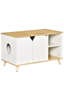 Promo ⌛ PawHut Wooden Cat Litter Box Enclosure Multipurpose Anti Tracking Pet Kitten House Indoor End Table with Double Doors and Storage Shelves Oak ✔️