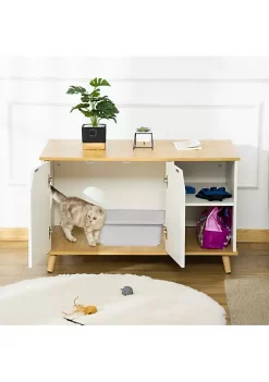 Promo ⌛ PawHut Wooden Cat Litter Box Enclosure Multipurpose Anti Tracking Pet Kitten House Indoor End Table with Double Doors and Storage Shelves Oak ✔️ -Cheap PawHut Store Belk 1288