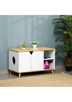 Promo ⌛ PawHut Wooden Cat Litter Box Enclosure Multipurpose Anti Tracking Pet Kitten House Indoor End Table with Double Doors and Storage Shelves Oak ✔️ -Cheap PawHut Store Belk 1289