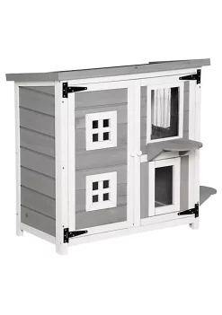 Buy ๐ PawHut Feral Cat House 2 Tier Outdoor Wooden Pet Condo with Weather Resistant Roof Escape Door PVC Curtain Windows Grey ๐