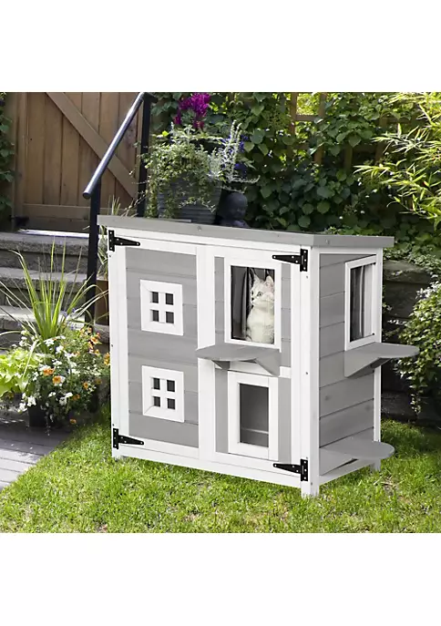 Buy ๐ PawHut Feral Cat House 2 Tier Outdoor Wooden Pet Condo with Weather Resistant Roof Escape Door PVC Curtain Windows Grey ๐ 5 Buy ๐ PawHut Feral Cat House 2 Tier Outdoor Wooden Pet Condo with Weather Resistant Roof Escape Door PVC Curtain Windows Grey ๐ - Image 3