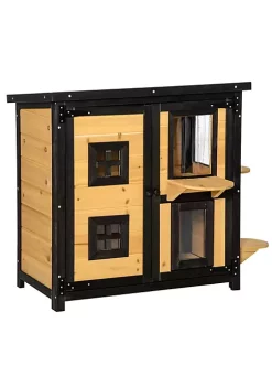 Promo 😉 PawHut Feral Cat House 2 Tier Outdoor Wooden Pet Condo with Weather Resistant Roof Escape Door PVC Curtain Windows Yellow ⭐