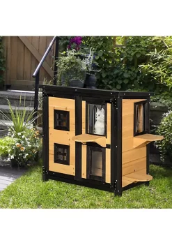 Promo 😉 PawHut Feral Cat House 2 Tier Outdoor Wooden Pet Condo with Weather Resistant Roof Escape Door PVC Curtain Windows Yellow ⭐ -Cheap PawHut Store Belk 1349
