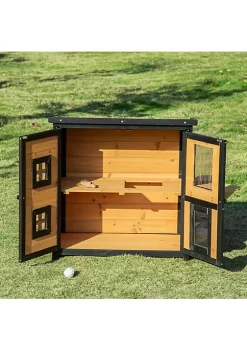 Promo 😉 PawHut Feral Cat House 2 Tier Outdoor Wooden Pet Condo with Weather Resistant Roof Escape Door PVC Curtain Windows Yellow ⭐ -Cheap PawHut Store Belk 1350