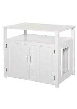 Buy 🛒 PawHut Wooden Cat Litter Box Enclosure Furniture with Adjustable Interior Wall and Large Tabletop for Nightstand White 🎉 -Cheap PawHut Store Belk 1366