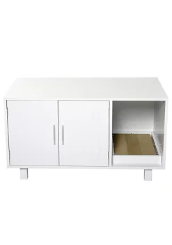 Deals 👏 PawHut Wooden Cat Litter Box Enclosure and House with Nightstand/End Table Design Scratcher and Magnetic Doors White 🛒 -Cheap PawHut Store Belk 1409