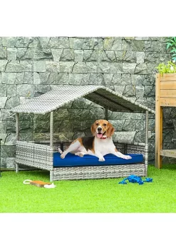 Cheap ❤️ PawHut Wicker 🐶 Dog House Raised Rattan Pet Cabana for Small to Medium sized Animals with Cushion Canopy Comfortable Lounger Grey / Dark Blue 🔥 -Cheap PawHut Store Belk 1429