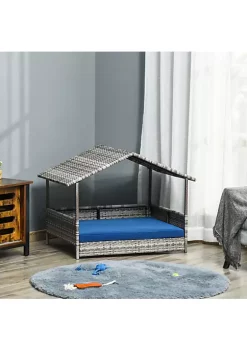 Cheap ❤️ PawHut Wicker 🐶 Dog House Raised Rattan Pet Cabana for Small to Medium sized Animals with Cushion Canopy Comfortable Lounger Grey / Dark Blue 🔥 -Cheap PawHut Store Belk 1430