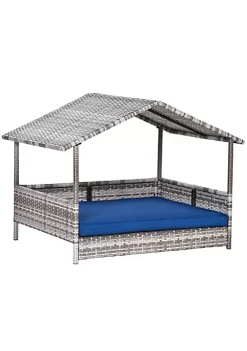 Cheap ❤️ PawHut Wicker 🐶 Dog House Raised Rattan Pet Cabana for Small to Medium sized Animals with Cushion Canopy Comfortable Lounger Grey / Dark Blue 🔥 -Cheap PawHut Store Belk 1431