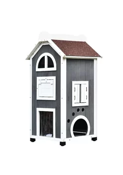 Best Sale 💯 PawHut Solid Wood Cat House Condos Water Proof 2 Floor Pet Shelter Outdoor Furniture with Escape Door and Inside Stairs Grey and White 43" H 🤩 -Cheap PawHut Store Belk 1444