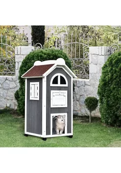 Best Sale 💯 PawHut Solid Wood Cat House Condos Water Proof 2 Floor Pet Shelter Outdoor Furniture with Escape Door and Inside Stairs Grey and White 43" H 🤩 -Cheap PawHut Store Belk 1445
