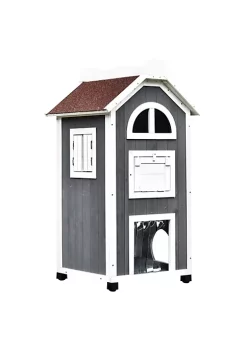 Best Sale 💯 PawHut Solid Wood Cat House Condos Water Proof 2 Floor Pet Shelter Outdoor Furniture with Escape Door and Inside Stairs Grey and White 43" H 🤩 -Cheap PawHut Store Belk 1446