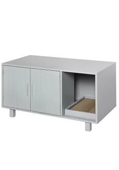 Coupon 🥰 PawHut Wooden Cat Litter Box Enclosure and House with Nightstand/End Table Design Scratcher and Magnetic Doors Grey 👏