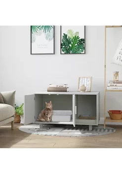 Coupon 🥰 PawHut Wooden Cat Litter Box Enclosure and House with Nightstand/End Table Design Scratcher and Magnetic Doors Grey 👏 -Cheap PawHut Store Belk 1475
