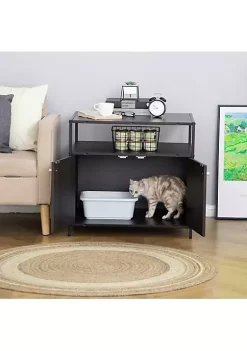 Hot Sale ⭐ PawHut Wooden Cat Litter Box Enclosure Multipurpose Anti Tracking Pet Kitten House Indoor End Table with Magnetic Doors and Storage Shelves Black 🎁 -Cheap PawHut Store Belk 1479