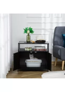 Hot Sale ⭐ PawHut Wooden Cat Litter Box Enclosure Multipurpose Anti Tracking Pet Kitten House Indoor End Table with Magnetic Doors and Storage Shelves Black 🎁 -Cheap PawHut Store Belk 1480