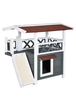 Flash Sale โจ PawHut 2 story Deluxe Outdoor Cat House Wood Shelter with Condo Sisal Ramp Weatherproof Outdoor/Indoor Use Grey โจ