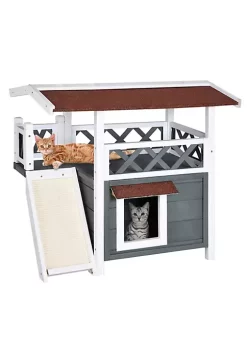 Flash Sale ✨ PawHut 2 story Deluxe Outdoor Cat House Wood Shelter with Condo Sisal Ramp Weatherproof Outdoor/Indoor Use Grey ✨ -Cheap PawHut Store Belk 1489