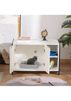 Promo 🔥 PawHut Wooden Cat Litter Box Enclosure Multipurpose Anti Tracking Pet Kitten House Indoor End Table with Double Doors and Storage Shelves White 👏 -Cheap PawHut Store Belk 1514