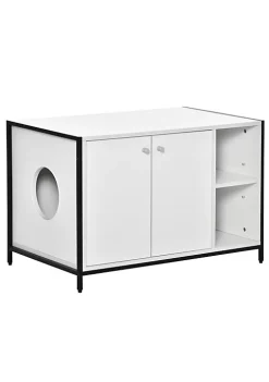 Promo 🔥 PawHut Wooden Cat Litter Box Enclosure Multipurpose Anti Tracking Pet Kitten House Indoor End Table with Double Doors and Storage Shelves White 👏 -Cheap PawHut Store Belk 1516