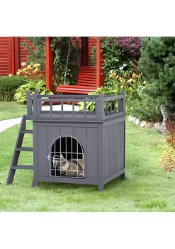 New 🌟 PawHut 2 Level Elevated Waterproof Outdoor Wooden Treehouse Cat Shelter With Balcony Grey 😀 -Cheap PawHut Store Belk 1585