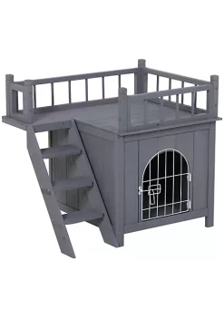 New 🌟 PawHut 2 Level Elevated Waterproof Outdoor Wooden Treehouse Cat Shelter With Balcony Grey 😀 -Cheap PawHut Store Belk 1586