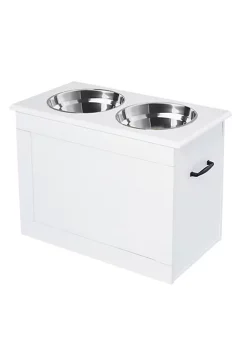 Hot Sale 😉 PawHut Raised Pet Feeding Storage Station with 2 Stainless Steel Bowls Base for Large 🦮 Dogs and Other Large Pets White 👍