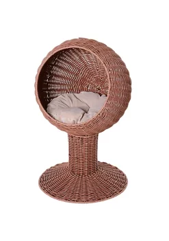 Cheap 👏 PawHut 27" Hooded Rattan Wicker Round Elevated Condo Cat Bed with an Elegant Design and Included Cushion Brown 💯