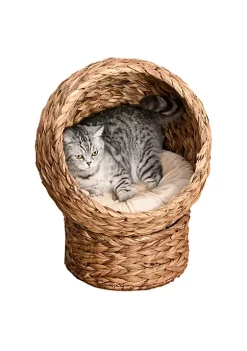 Best Sale 😍 PawHut Cat Braided Water Hyacinth House Enclosure Designed for Indoors and Includes Super Soft Cotton Bed 23" H Brown 👏