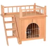 Promo ✨ PawHut 2 Level Elevated Waterproof Outdoor Wooden Treehouse Cat Shelter With Balcony Natural Wood 😀 -Cheap PawHut Store Belk 1675