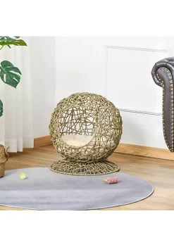 Promo 🔔 PawHut Rattan Elevated Cat Bed Kitty Ball with Comfortable Soft Cushion Wicker Construction and Round Base Brown 🎉 -Cheap PawHut Store Belk 1692