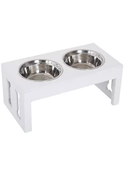Flash Sale ✨ PawHut 23" Modern Decorative 🐶 Dog Bone Wooden Heavy Duty Pet Food Bowl Elevated Feeding Station White 🥰