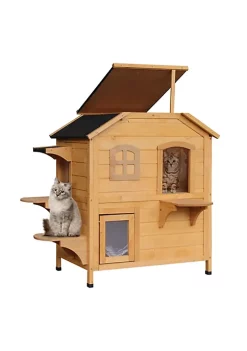 Discount 🛒 PawHut Fir Wood 2 Story Outdoor Cat House Wooden Feral Cat Shelter with Openable Asphalt Roof for Indoor/Outdoor Natural 🔔 -Cheap PawHut Store Belk 1827