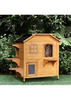 Discount 🛒 PawHut Fir Wood 2 Story Outdoor Cat House Wooden Feral Cat Shelter with Openable Asphalt Roof for Indoor/Outdoor Natural 🔔 -Cheap PawHut Store Belk 1828