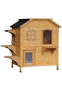 Discount 🛒 PawHut Fir Wood 2 Story Outdoor Cat House Wooden Feral Cat Shelter with Openable Asphalt Roof for Indoor/Outdoor Natural 🔔 -Cheap PawHut Store Belk 1829
